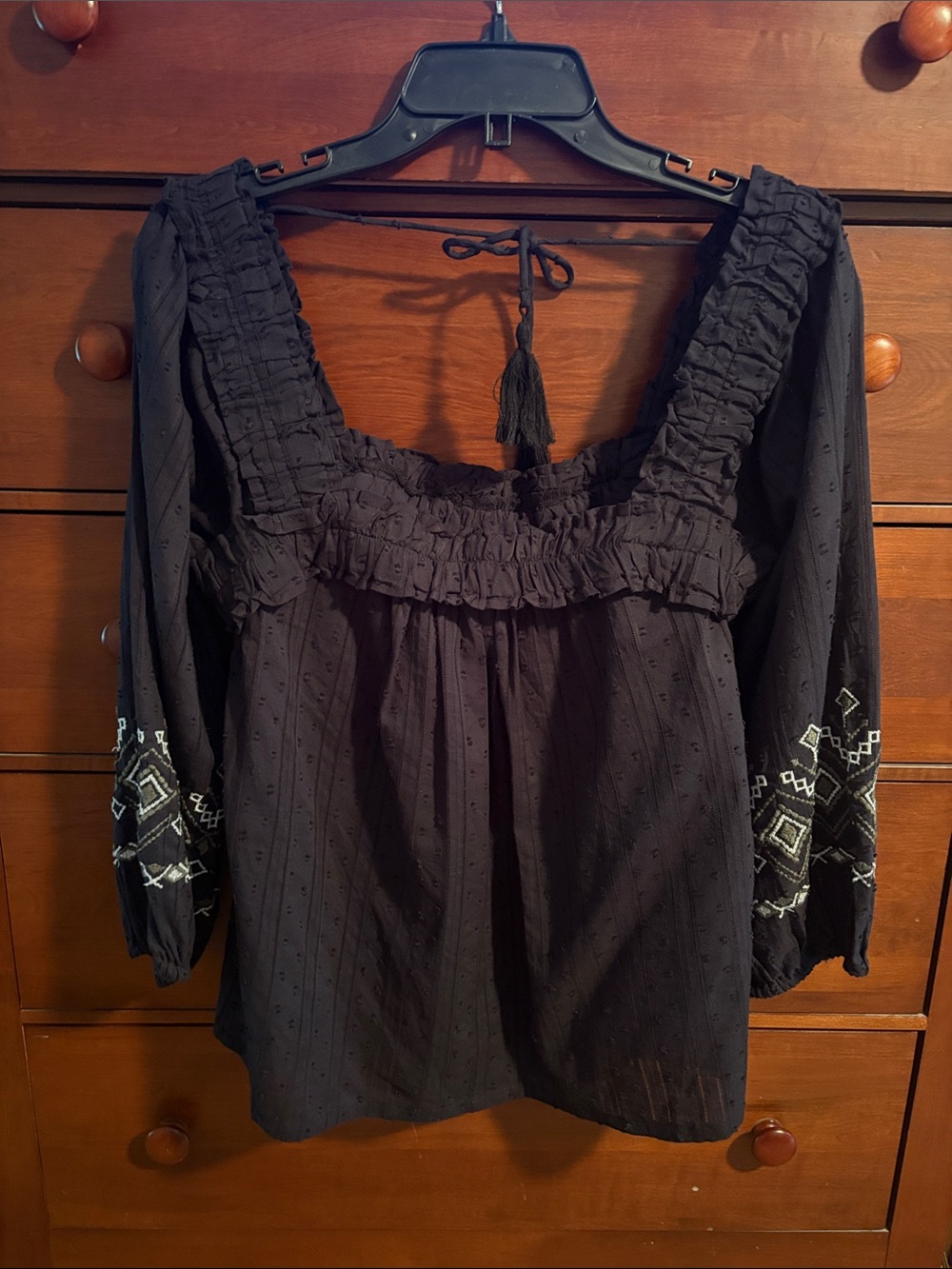 Boho Peasant Top with Embroidered Sleeves - Black